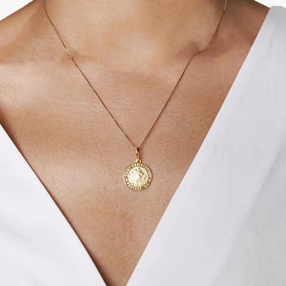 Solid Gold St Christopher Coin Charm Pendant Necklace Stamped 10K ITALY, 18 inch